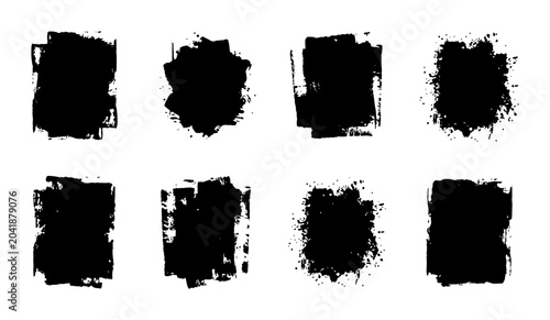 Set of eight black grunge paint roller brush stroke textures on white background Vector