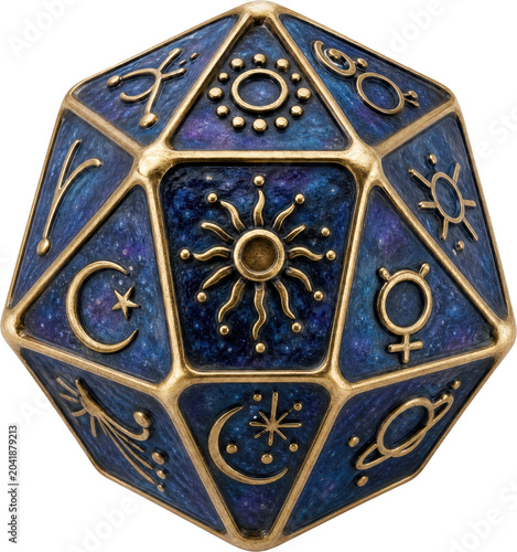 Mystical astrology dice with celestial symbols isolated on transparent background