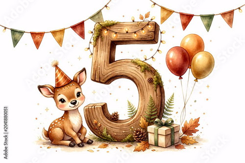 Watercolor Woodland Number 5 with Cute Baby Deer Fawn Birthday Illustration