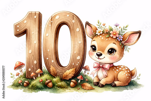 Cute Woodland Deer with Number Ten Watercolor Birthday Milestone Illustration for Kids Party Invitation Nursery Decor and Celebration Design