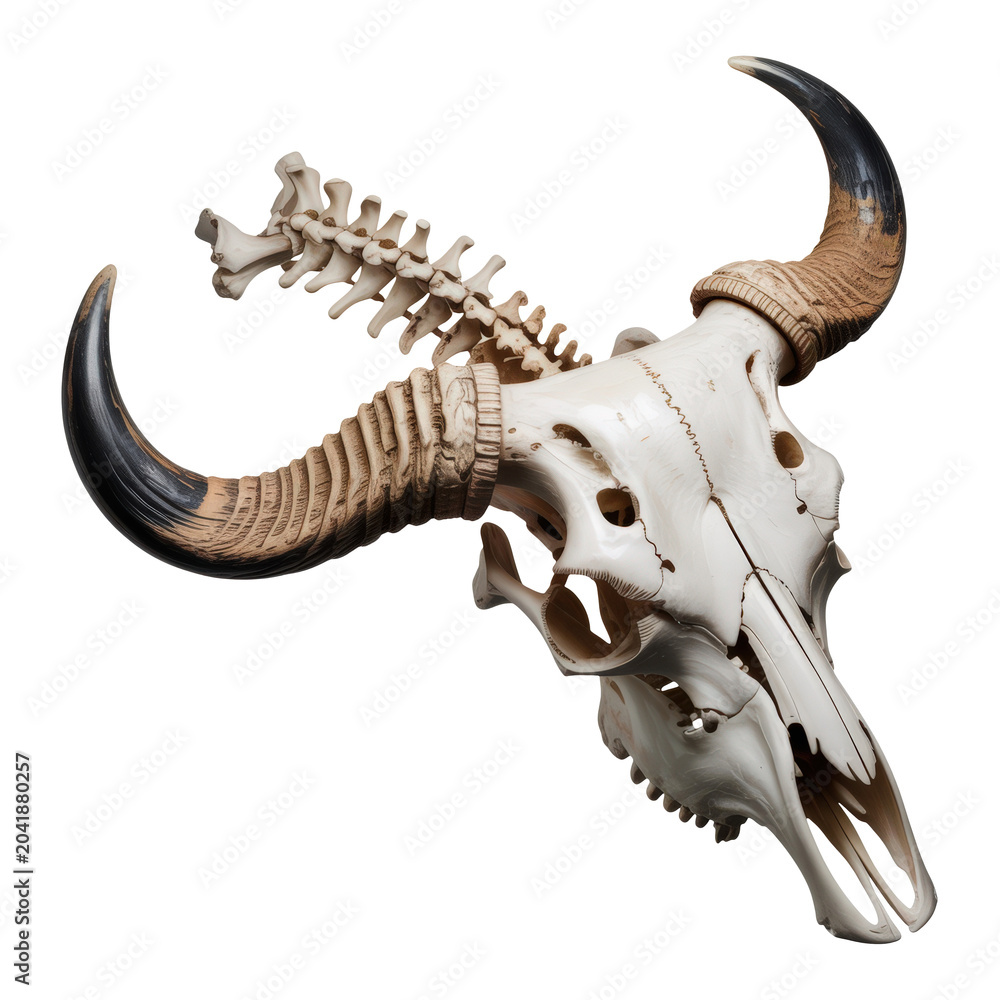 Fototapeta premium Animal skull with horns and spine isolated on transparent background