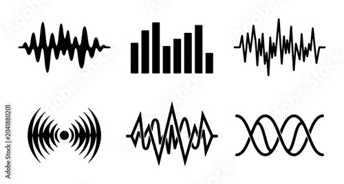 Tableau sur toile Set of black sound waves and audio visualizations icons on white background Vect