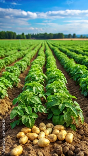 Large potato plants in a field with multiple rows of vegetables