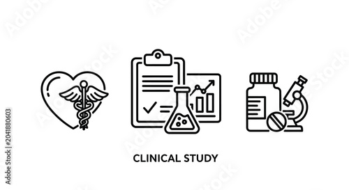clinical study icons line art heart caduceus