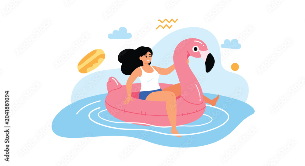 Fototapeta premium Happy woman relaxing on a large pink flamingo inflatable float in a swimming pool on a sunny summer day for vacation themes.