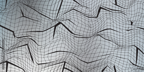 Abstract black wireframe mesh structure with geometric shapes.
