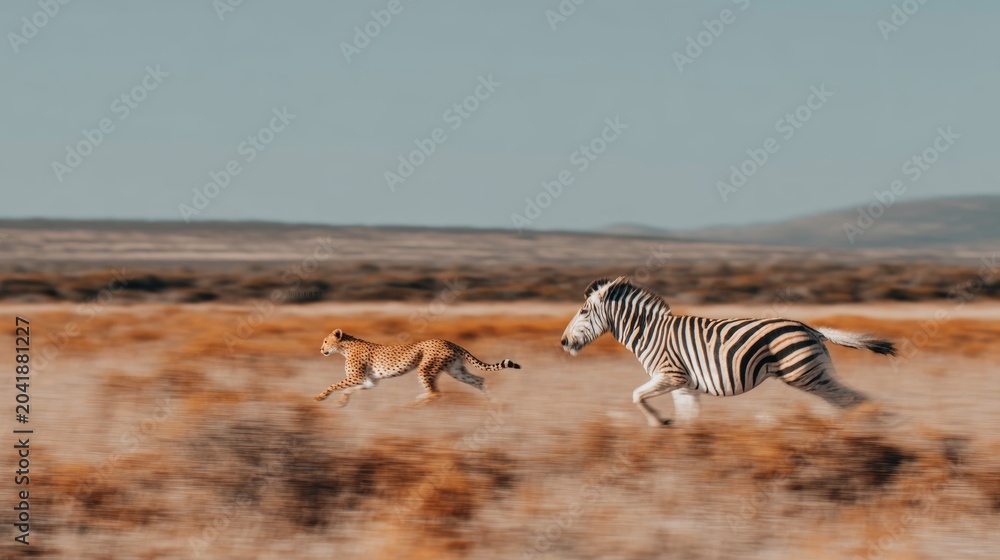Fototapeta premium Zebra running from a cheetah during a high speed chase. Embodying themes of survival and natural competition in dry savanna