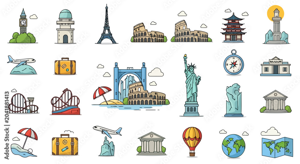 Fototapeta premium Collection of famous travel landmarks and vacation icons flat design.