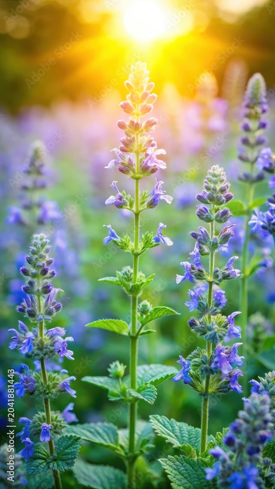 Fototapeta premium A lush green catmint plant in full bloom with vibrant blue flowers and delicate leaves against a warm summer sun background