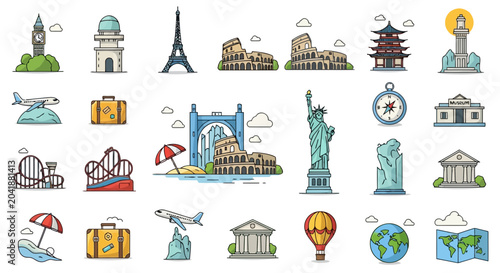 Collection of famous travel landmarks and vacation icons flat design.