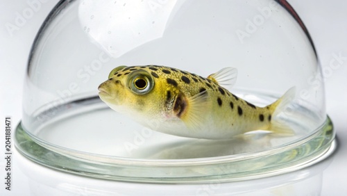 Isolated dwarf pea puffer fish inside a clear water dome on a white studio background