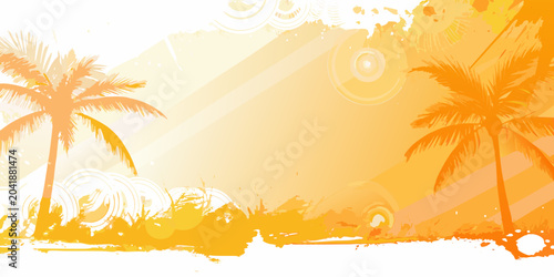 Tableau sur toile tropical beach scene with palm trees vector illustration orange summer vacation
