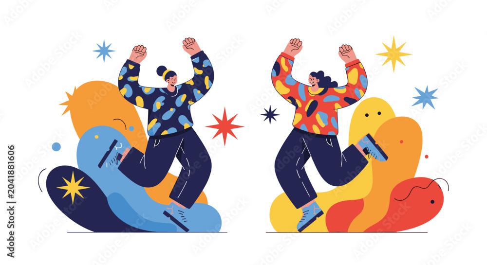 Naklejka premium Two expressive young women wearing patterned sweaters jumping with excitement and joy against a colorful abstract background.