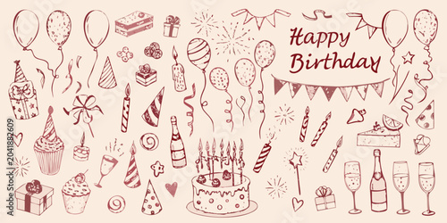 Cuadro en lienzo hand drawn birthday party doodle collection red hand drawn balloon cake candle g