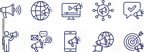Quadro su tela Marketing communication icons set megaphone global reach digital campaigns and s