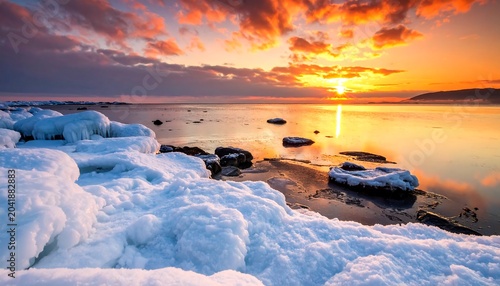 Frozen Coastal Shoreline Glowing at Sunset Under Dramatic Cloudy Sky