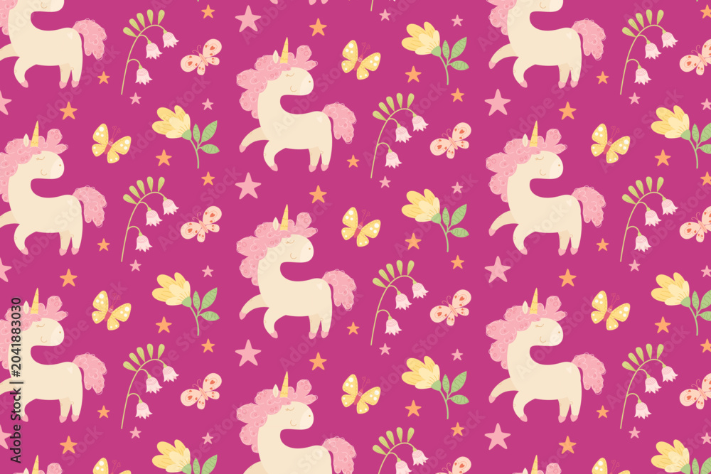Obraz premium Cute unicorn floral seamless pattern swatch available in swatches panel magical pony butterflies stars fantasy nursery background