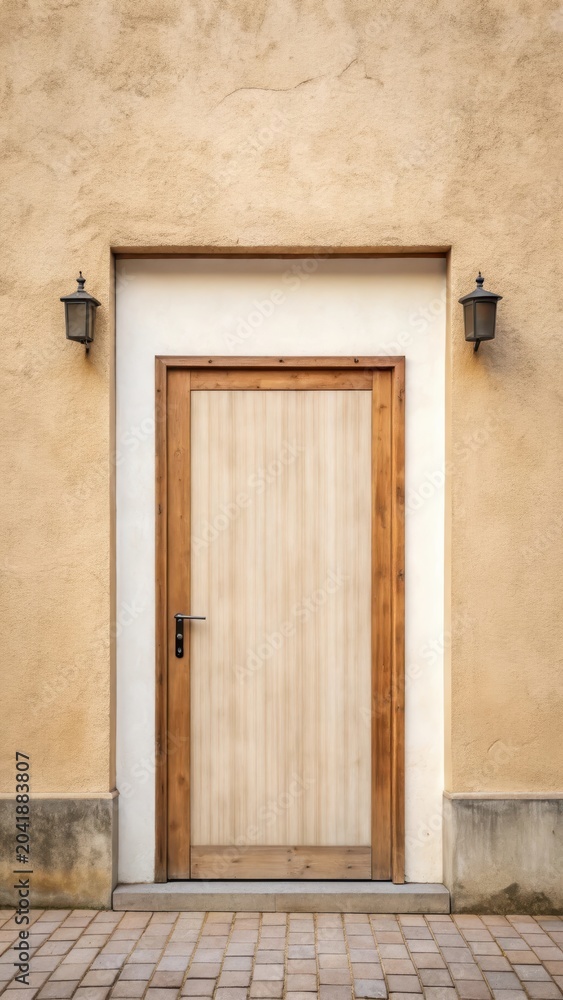 Fototapeta premium Empty billboard on a light beige exterior wall with a wooden entry door