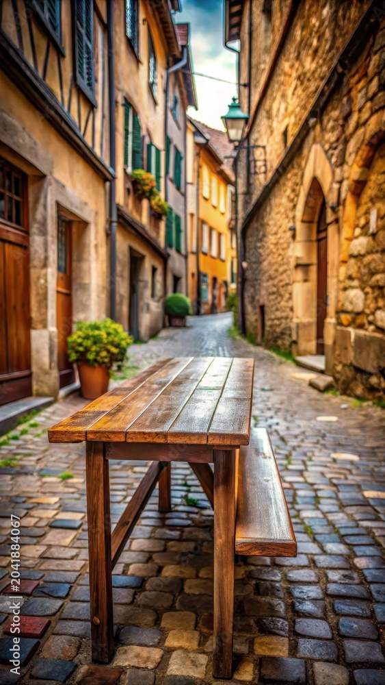 Fototapeta premium Wooden table in medieval street scene
