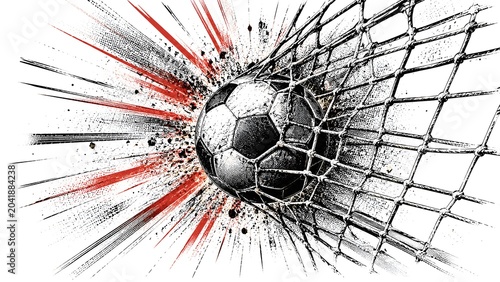 Football Ball Hitting Net with Explosive Retro Halftone Burst in Vintage Sports Advertisement Style