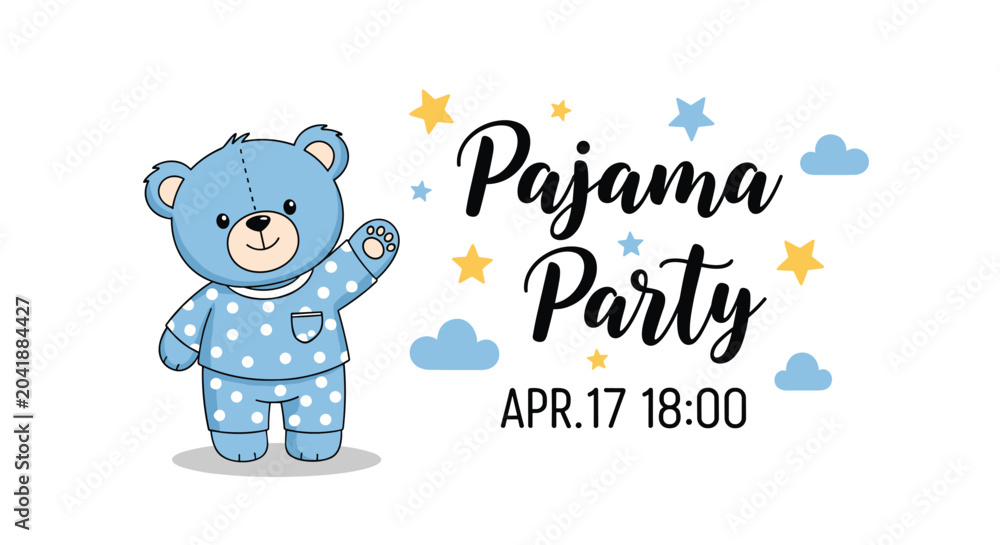 Fototapeta premium Cute blue teddy bear wearing polka dot pajamas waving a hand for a fun pajama party invitation card announcement.