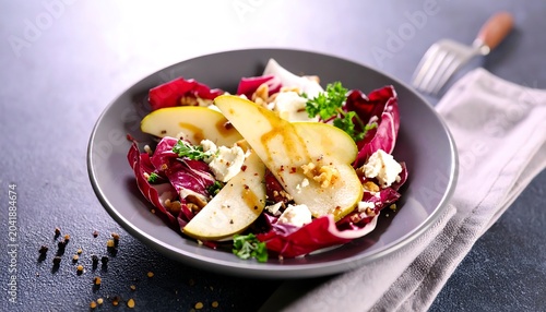 Fresh Pear and Radicchio Salad with Cheese on Dark Table Setting