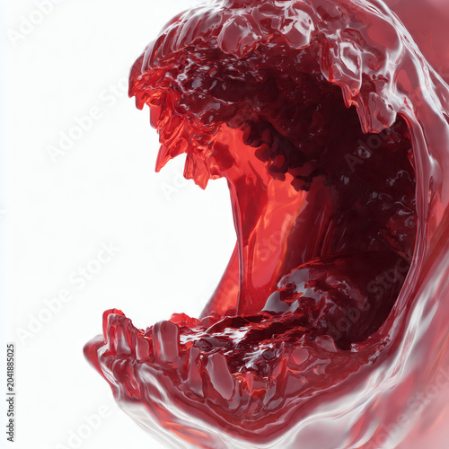 A Close Up Of A Wide Open Monstrous Mouth Sculpted From A Glossy Translucent Red Liquid Against A Solid White Background Copyspace