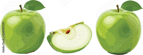 Bild auf Leinwand Fresh Green Apple Vector Set with Whole Granny Smith Fruits, Leaves, and a Slice