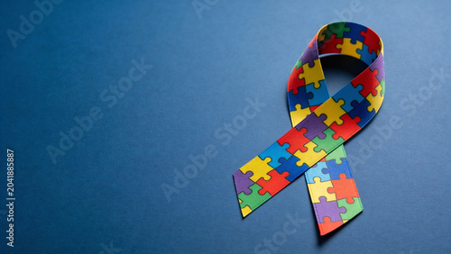 Colorful autism awareness ribbon on blue background  