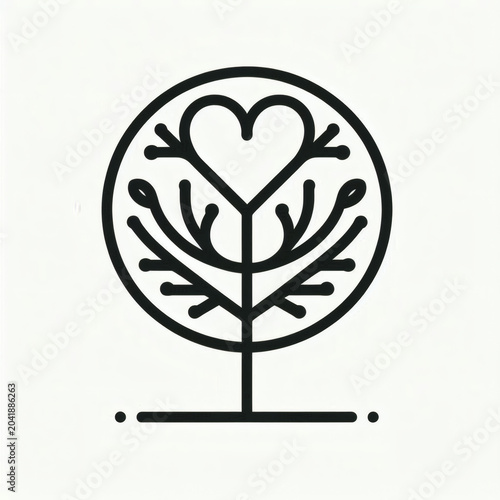 A Minimalist Black And White Circular Line Art Icon Depicting A Tree Of Life With Its Top Branches Forming A Heart Shape