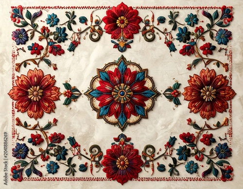 Ornate Colorful Floral Embroidery Pattern Arranged on Cream Textured Background