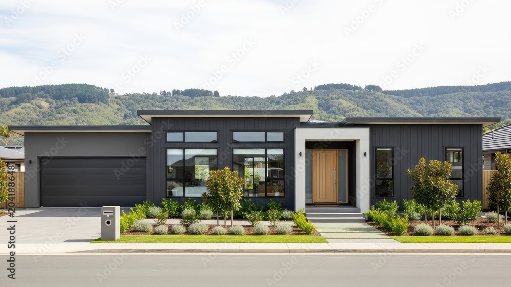 Fototapeta premium Modern black suburban house with flat roof and landscaping.