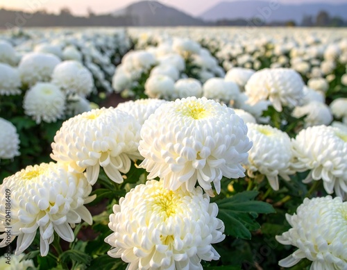 Delicate White Chrysanthemum Blooms Spreading Across Mountain Valley Flower Field