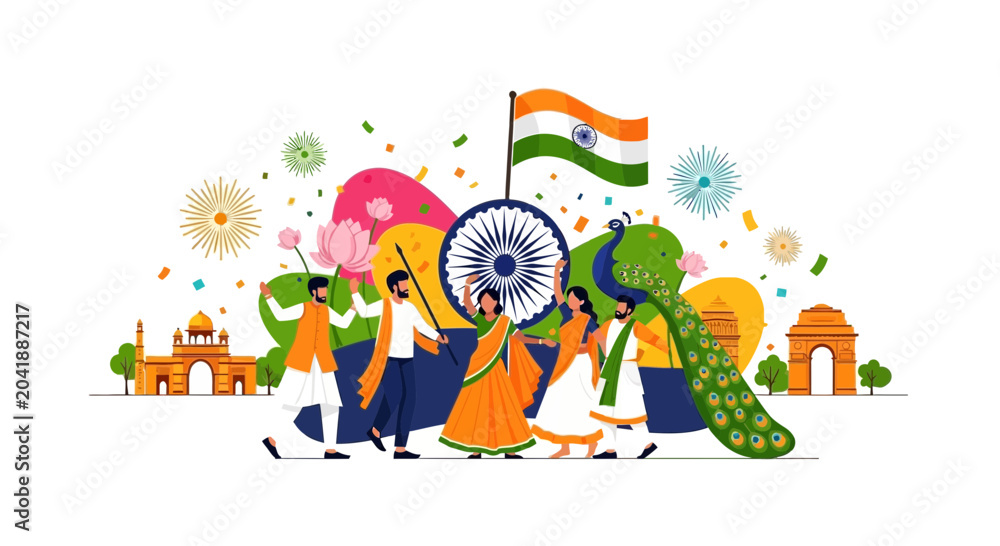 Fototapeta premium Celebration of Indian Independence Day with Diverse Cultural Performers and Festive Decorations.