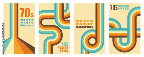 Photos Vintage 70s rainbow wave posters with retro wavy lines, groovy abstract paths an