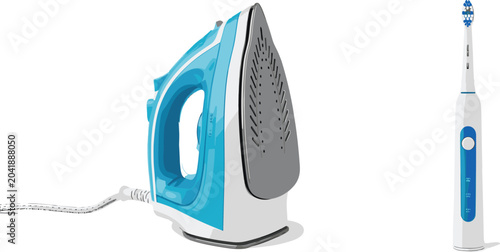 Electric Clothes Iron and Electric Toothbrush Vector Set featuring Modern Household Appliances and Personal Care Devices for E-Commerce Shopping Banners