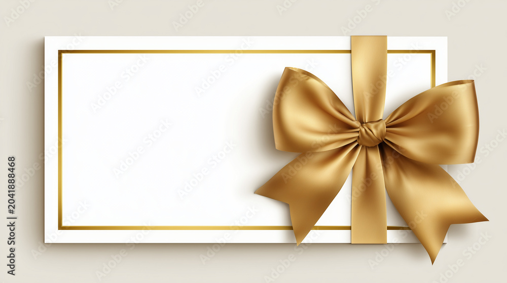 Fototapeta premium Blank white gift card or invitation envelope decorated with an elegant golden satin ribbon bow, isolated on transparent background. 