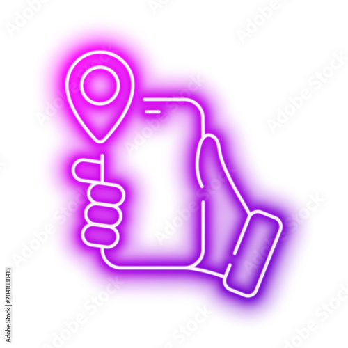 Hand Holding Location Pin Showing Mobile Place. Neon glowing effect icon