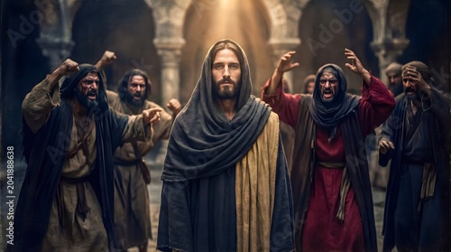 Jesus Standing Calmly Before Hostile Crowd