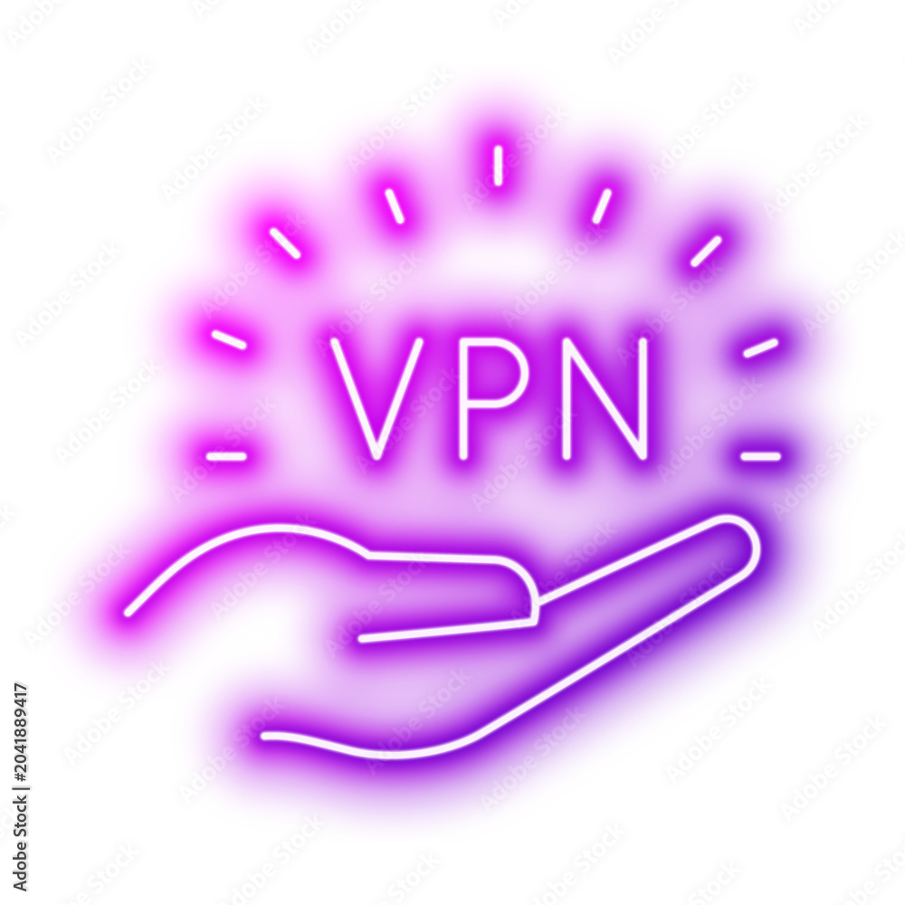 Fototapeta premium Hand Holding VPN Text For Secure Access Secure. Neon glowing effect icon