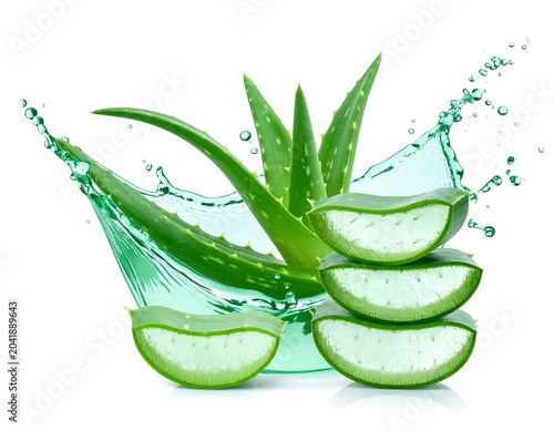 Fresh Green Aloe Vera Slices with Water Splash on White Background