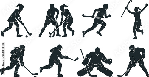 Photography Field Hockey and Ice Hockey Player Silhouette Vector Icon Set with Men and Women