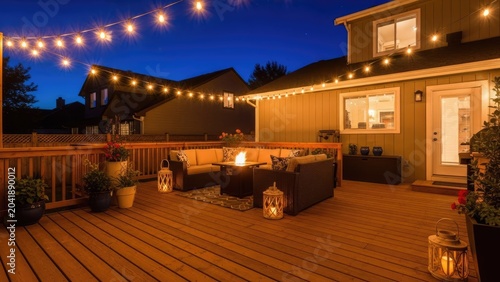 Cozy backyard deck with fire pit and string lights.