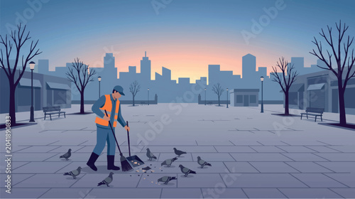Canvastavla Street Sweeper Cleaning Empty City Square at Dawn Sunrise Silhouette Landscape