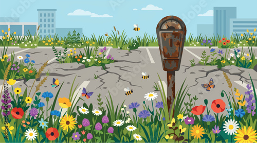 Bild auf Leinwand Abandoned Cracking Asphalt Parking Lot Reclaimed by Wild Flowers and Bees Concep