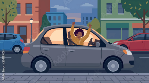 Photos Happy Woman Raising Hands and Celebrating Inside Her Car in Traffic Parody