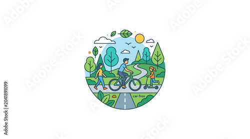 Bild auf Leinwand Active people enjoying a park with bicycle and scooter, nature illustration