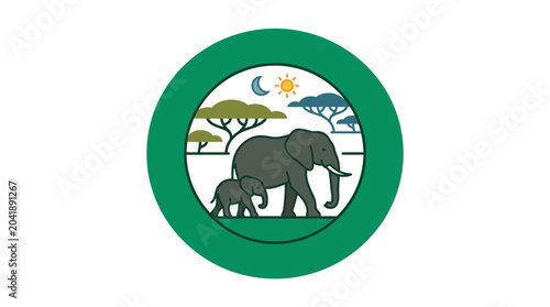 Photography African Elephants Family in Savannah Circle Emblem