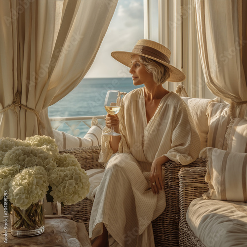 elegant senior woman enjoying wine seaside