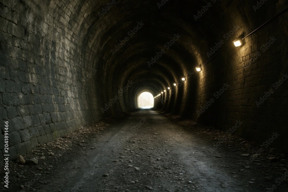 Fototapeta premium Dimly lit stone tunnel path.